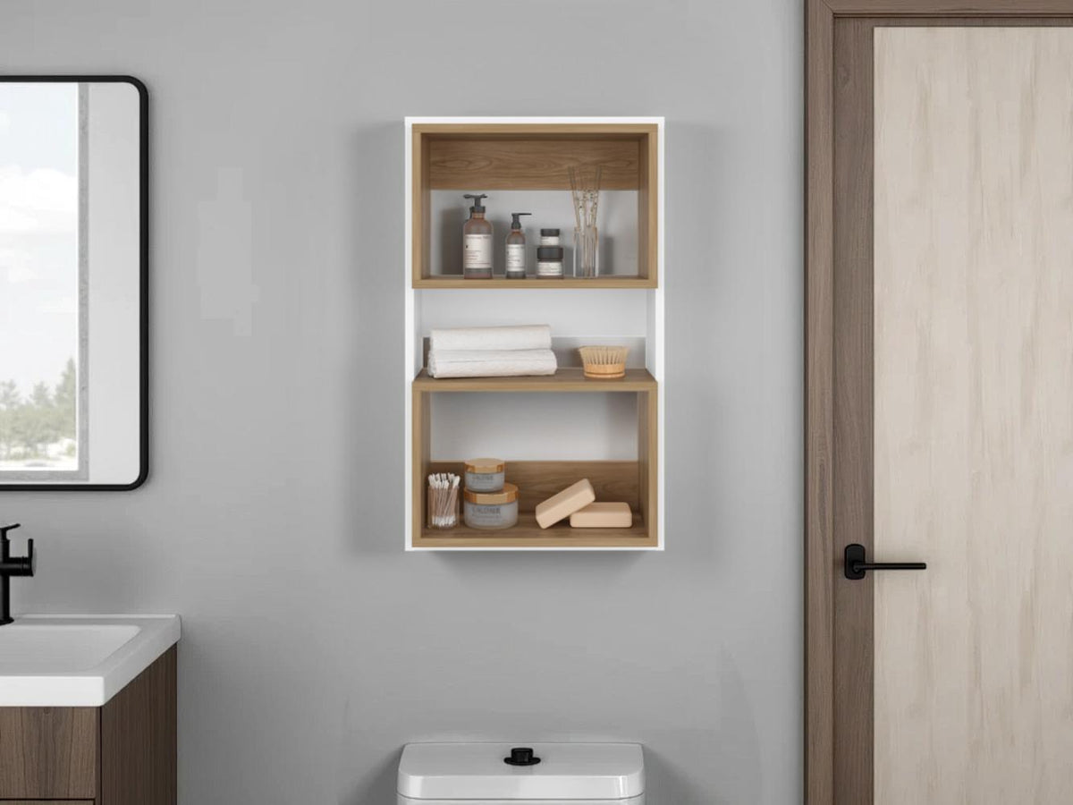 Mueble Auxiliar Muro Baño Eco, Blanco Duqueza y Fresno Europeo, con superficies para ubicar objetos (vista 3)