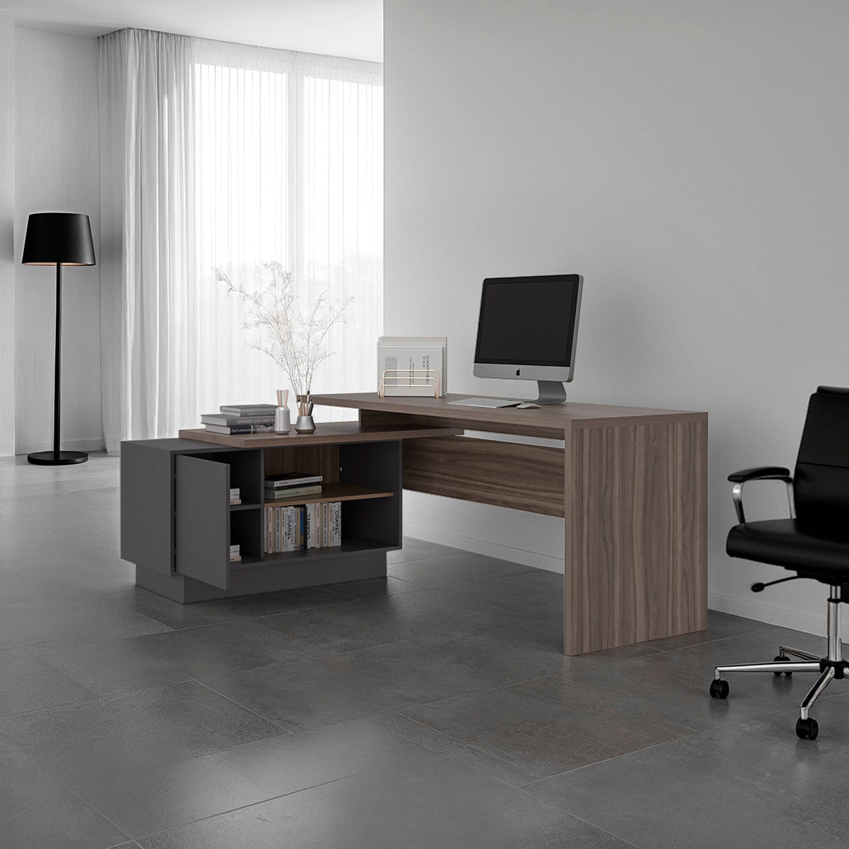 Escritorio En L Una Puerta - Repisas Office W-179, Avellana Y Plomo (vista 2)