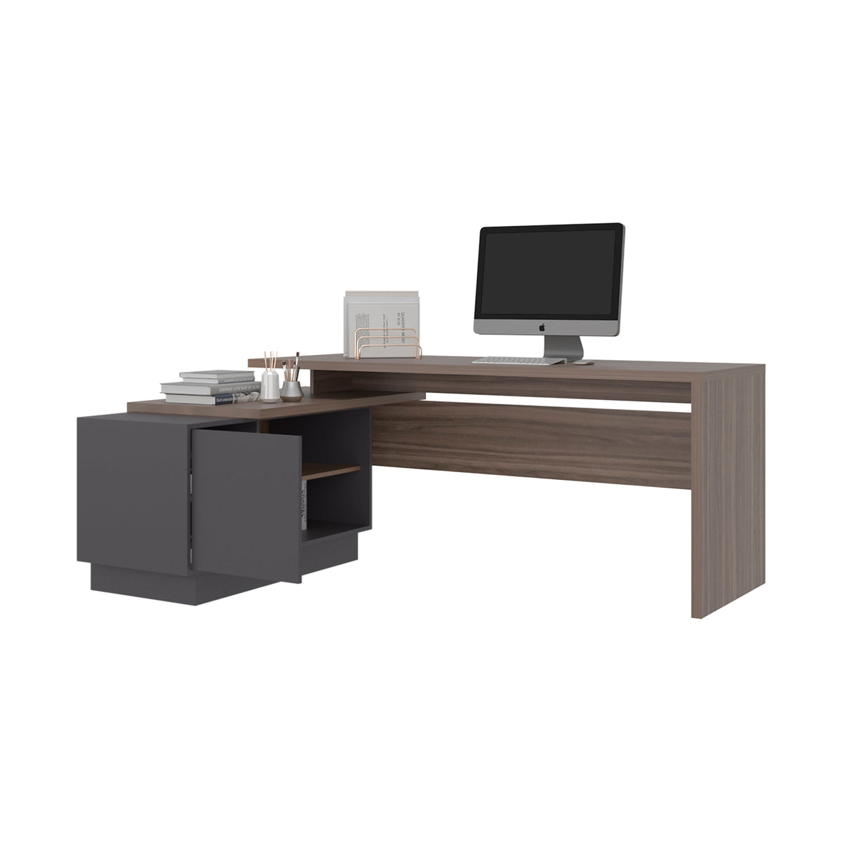 Escritorio En L Una Puerta - Repisas Office W-179, Avellana Y Plomo (vista 6)