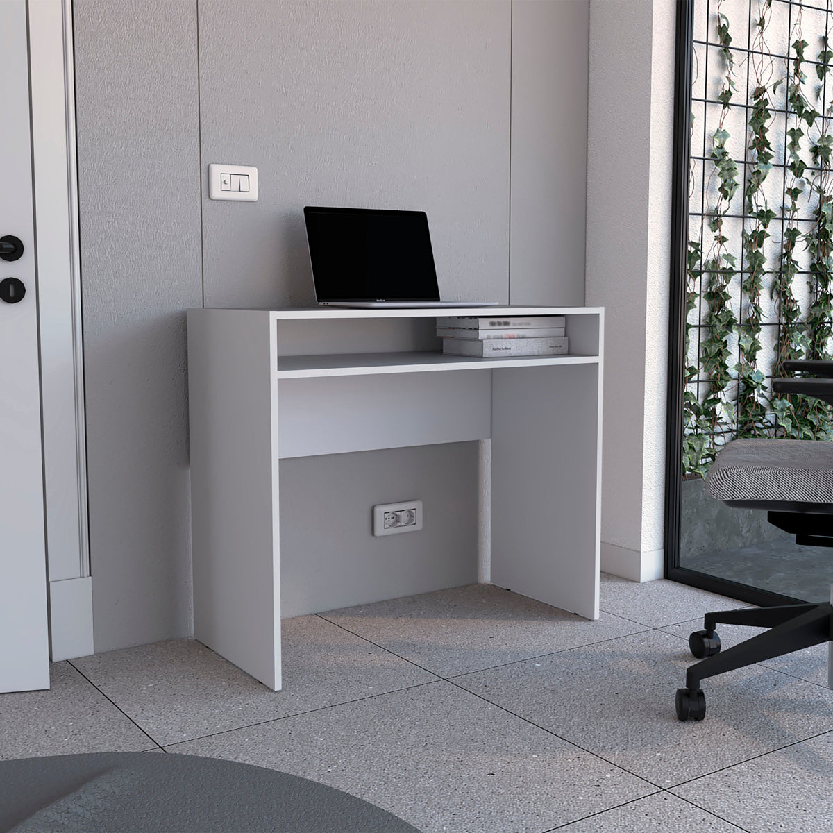 Escritorio Stella, Blanco, Con Una Repisa Y Amplio Espacio De Trabajo (vista 2)