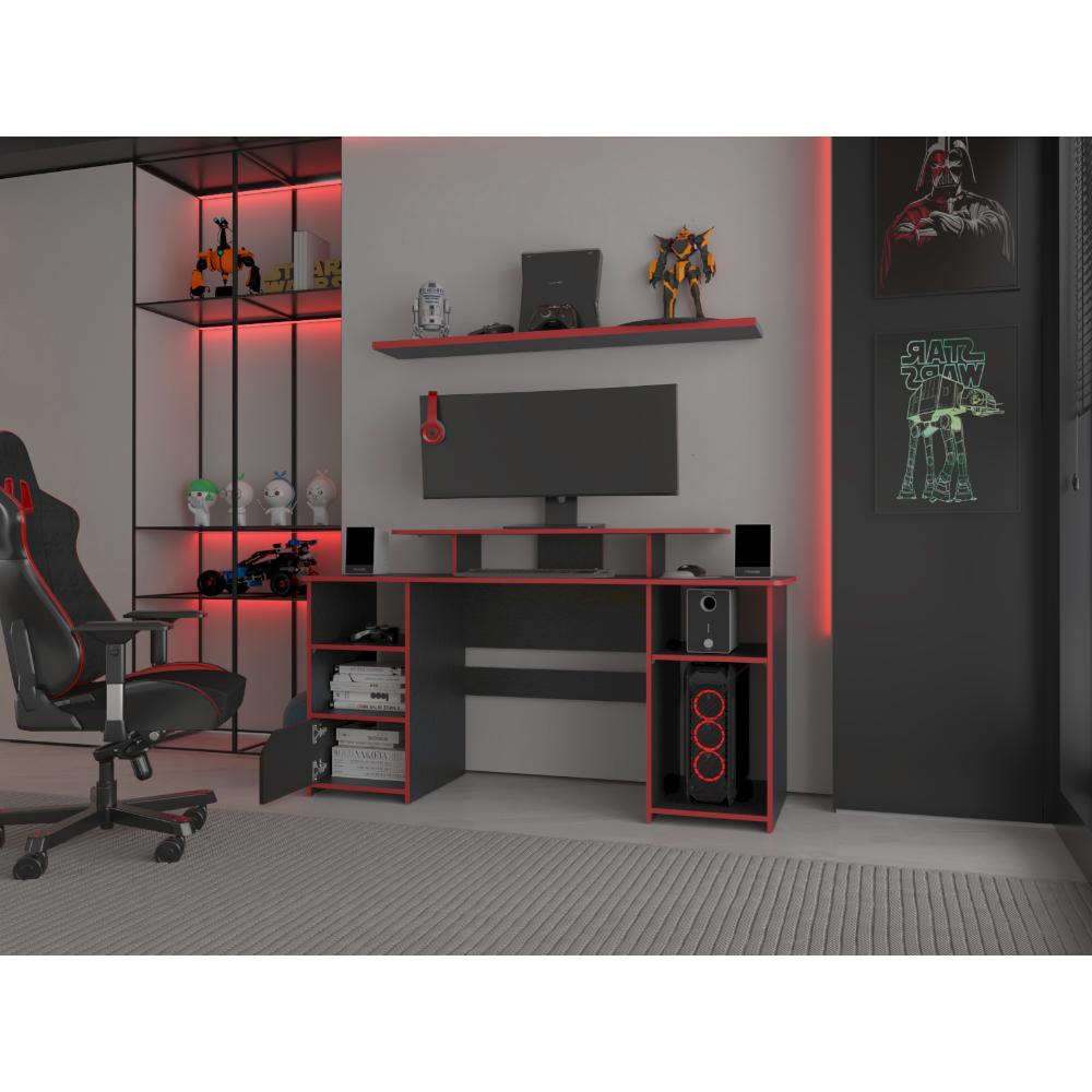 Escritorio Gamer Kein, Wengue y Rojo, con Espacio Adicional para Pantallas (vista 2)