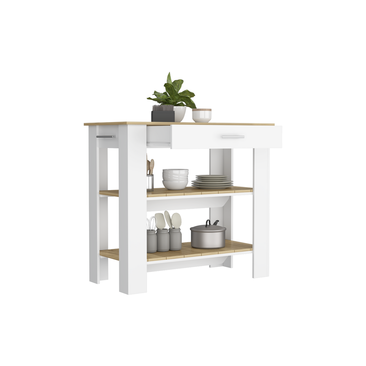 Mesa De Cocina Ccala, Blanco y Macadamia, con entrepaños para colocar objetos de cocina (vista 3)