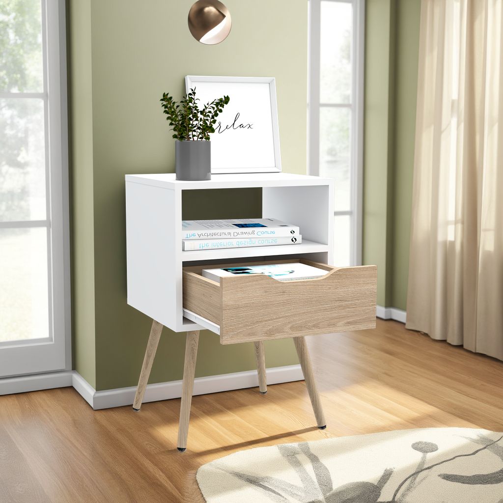 Velador Alesio, Blanco y Rovere, con Patas cortas en Madera y un Cajón (vista 2)