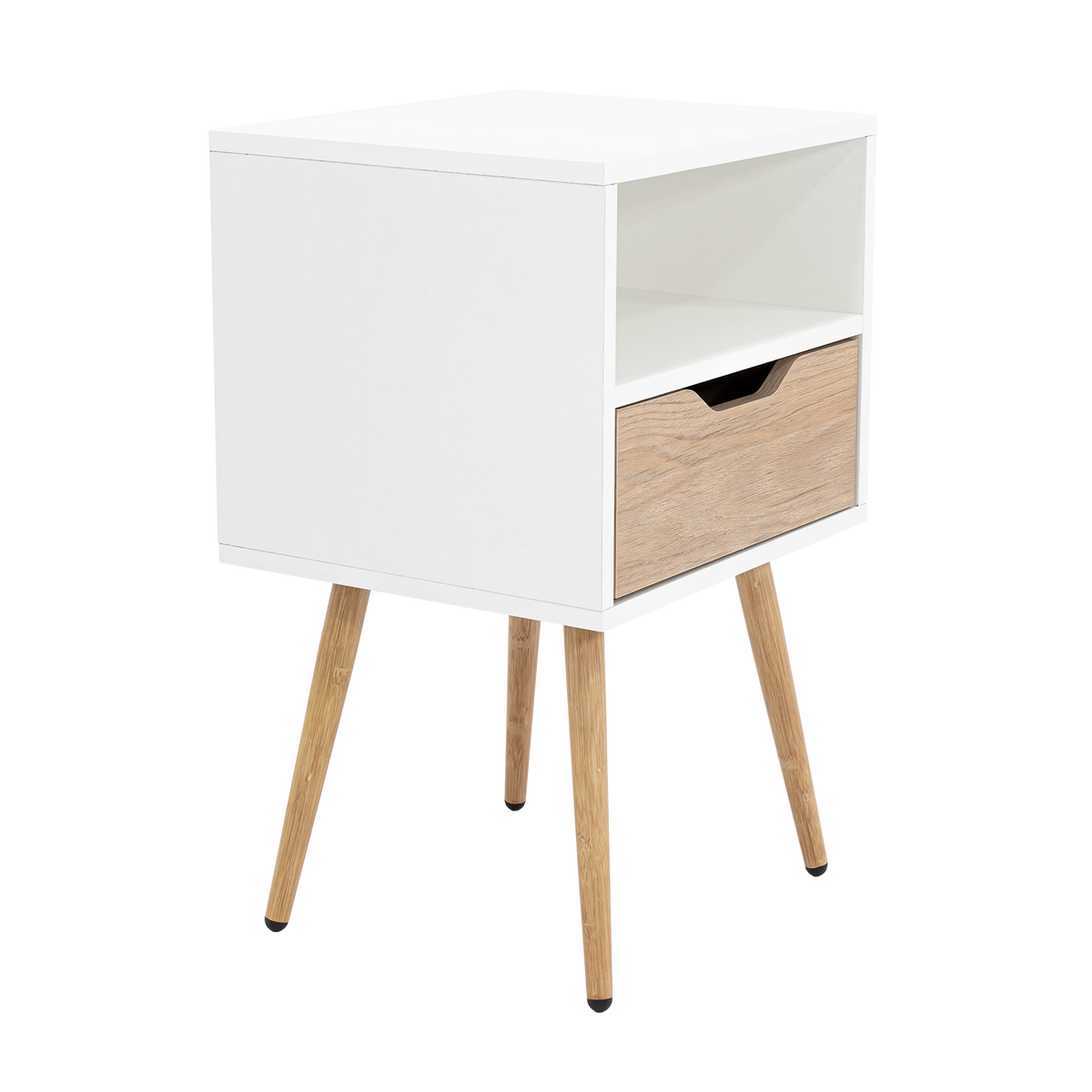Velador Alesio, Blanco y Rovere, con Patas cortas en Madera y un Cajón (vista 7)