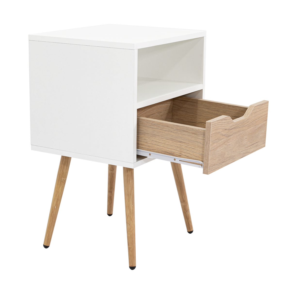 Velador Alesio, Blanco y Rovere, con Patas cortas en Madera y un Cajón (vista 8)