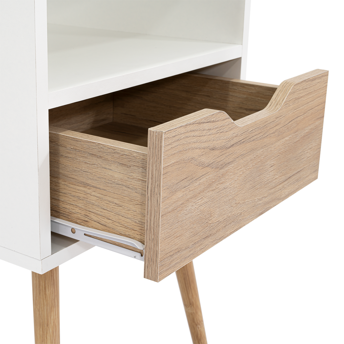 Velador Alesio, Blanco y Rovere, con Patas cortas en Madera y un Cajón (vista 5)