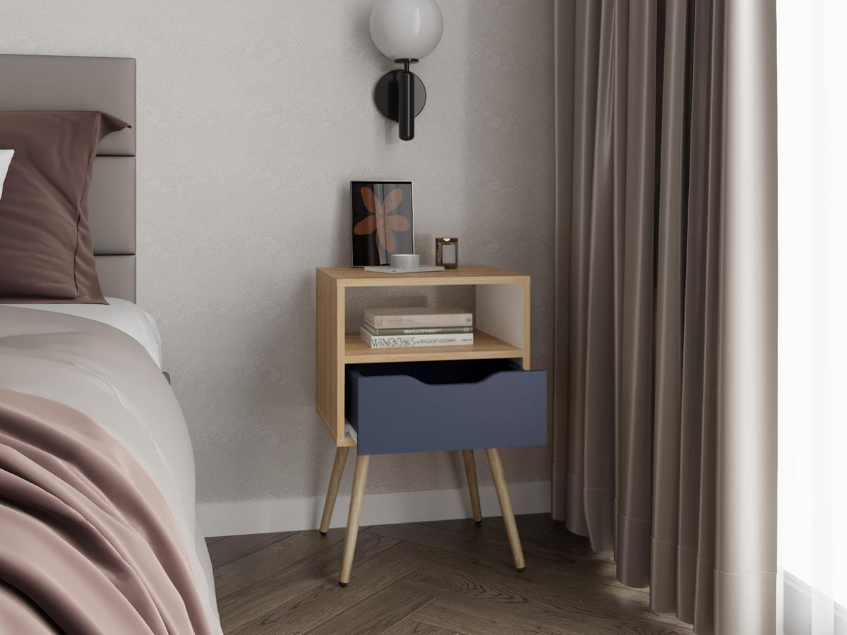 Mesa de Noche Alesio, Fresno Europeo y Blanco Kronos Azul, con Patas en Madera y un Cajón (vista 2)