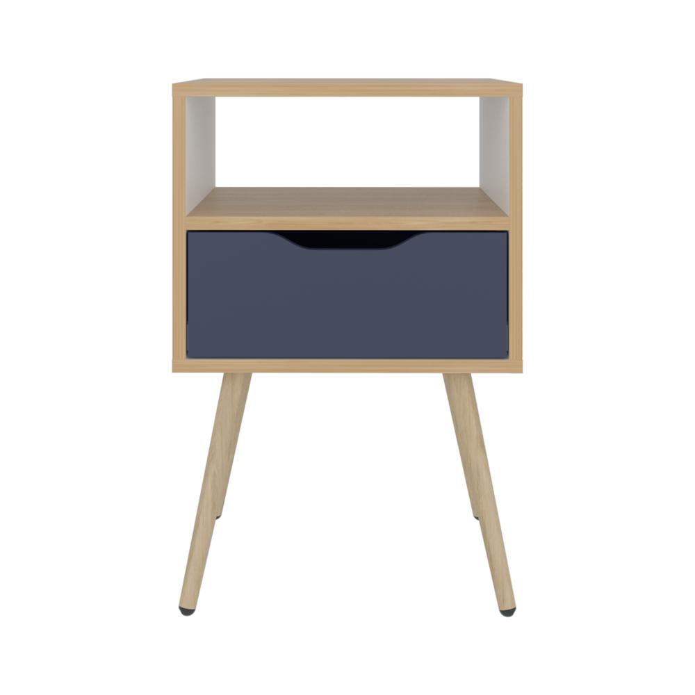 Mesa de Noche Alesio, Fresno Europeo y Blanco Kronos Azul, con Patas en Madera y un Cajón (vista 6)