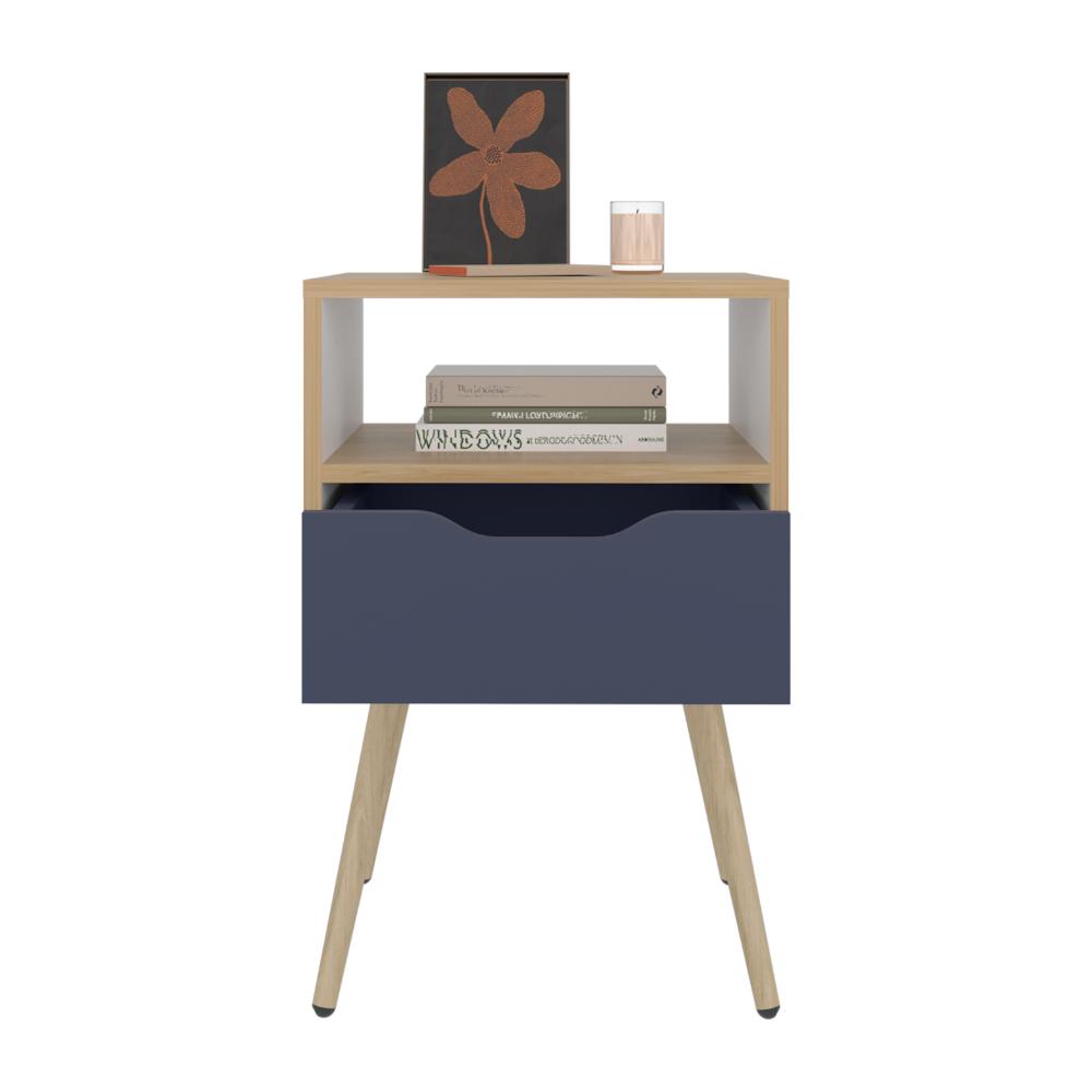 Mesa de Noche Alesio, Fresno Europeo y Blanco Kronos Azul, con Patas en Madera y un Cajón (vista 4)