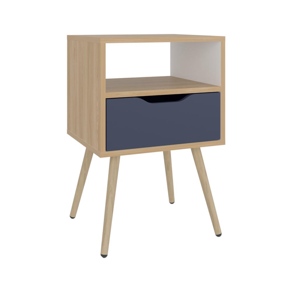 Mesa de Noche Alesio, Fresno Europeo y Blanco Kronos Azul, con Patas en Madera y un Cajón (vista 5)