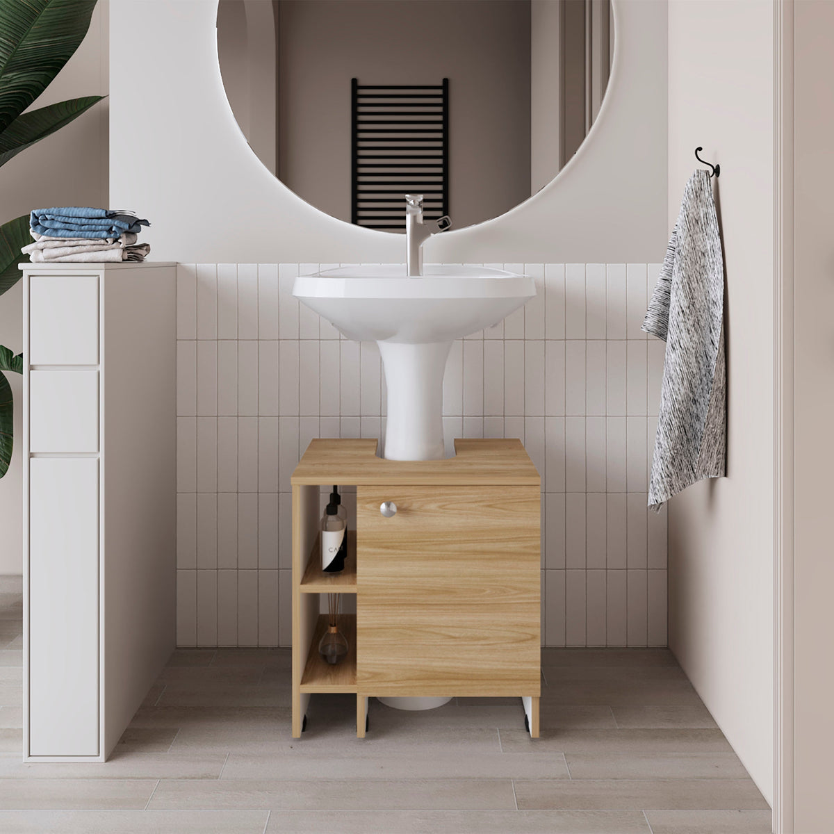 Mueble Basic Para Baño Una Puerta, Color Fresno Y Blanco