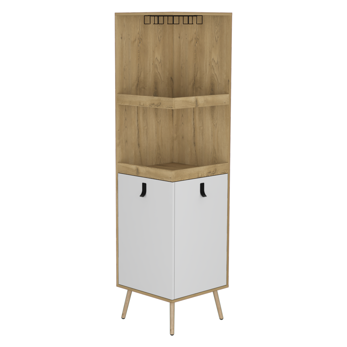 Bar Esquinero Huna, Macadamia y Blanco, con amplio espacio para botellas y portacopas