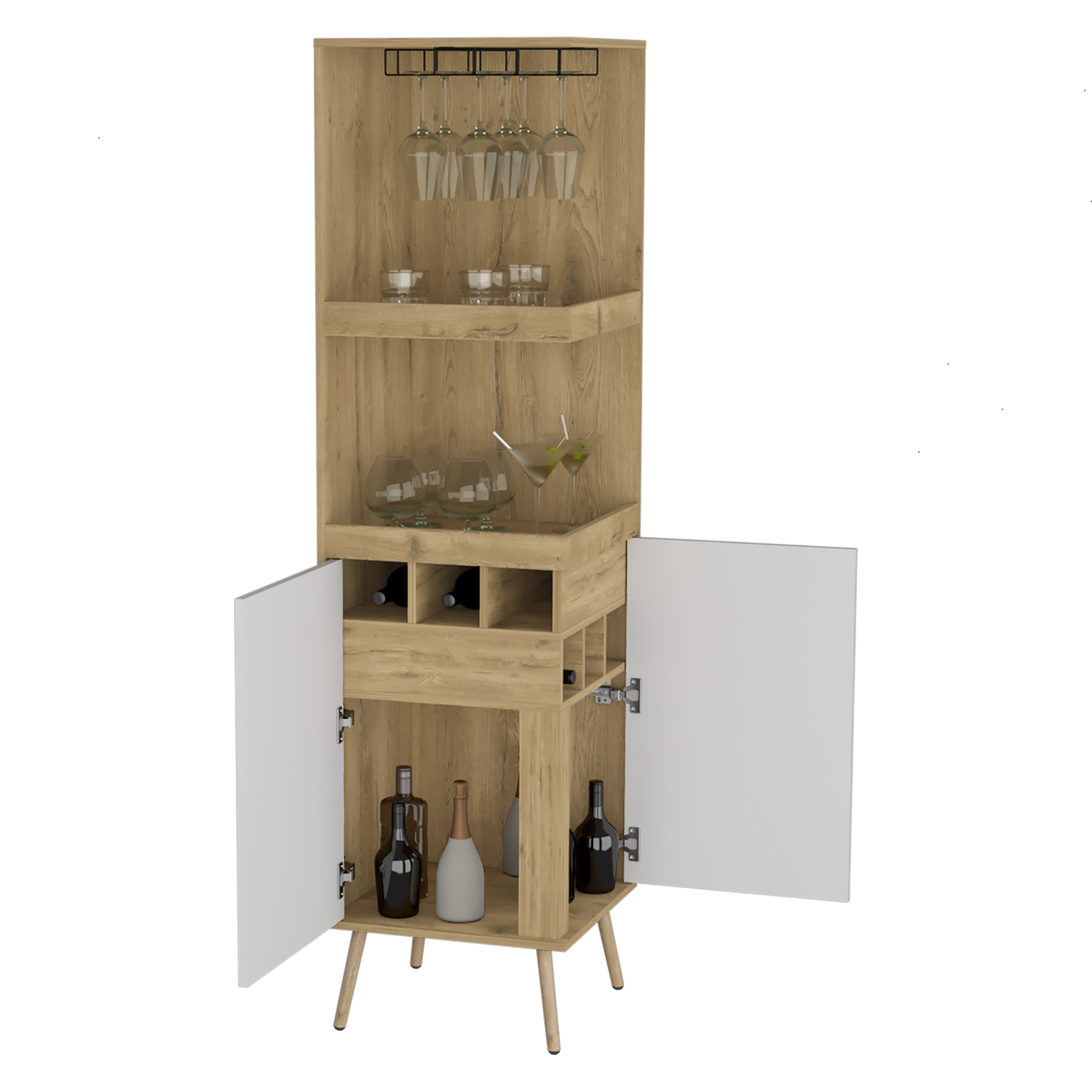 Bar Esquinero Huna, Macadamia y Blanco, con amplio espacio para botellas y portacopas (vista 4)