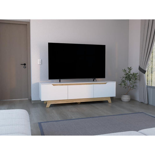 Rack Tv 80" Woodall Dos Puertas Un Cajon, Color Blanco Y Fresno