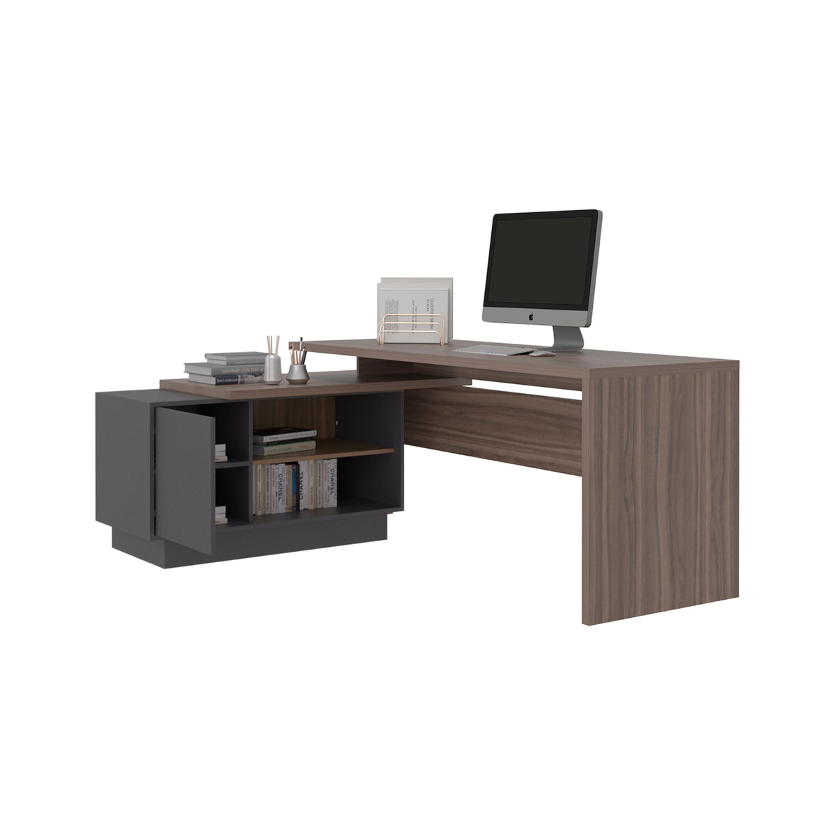 Escritorio En L Una Puerta -  Repisas Office W-179, Avellana Y Plomo (vista 7)