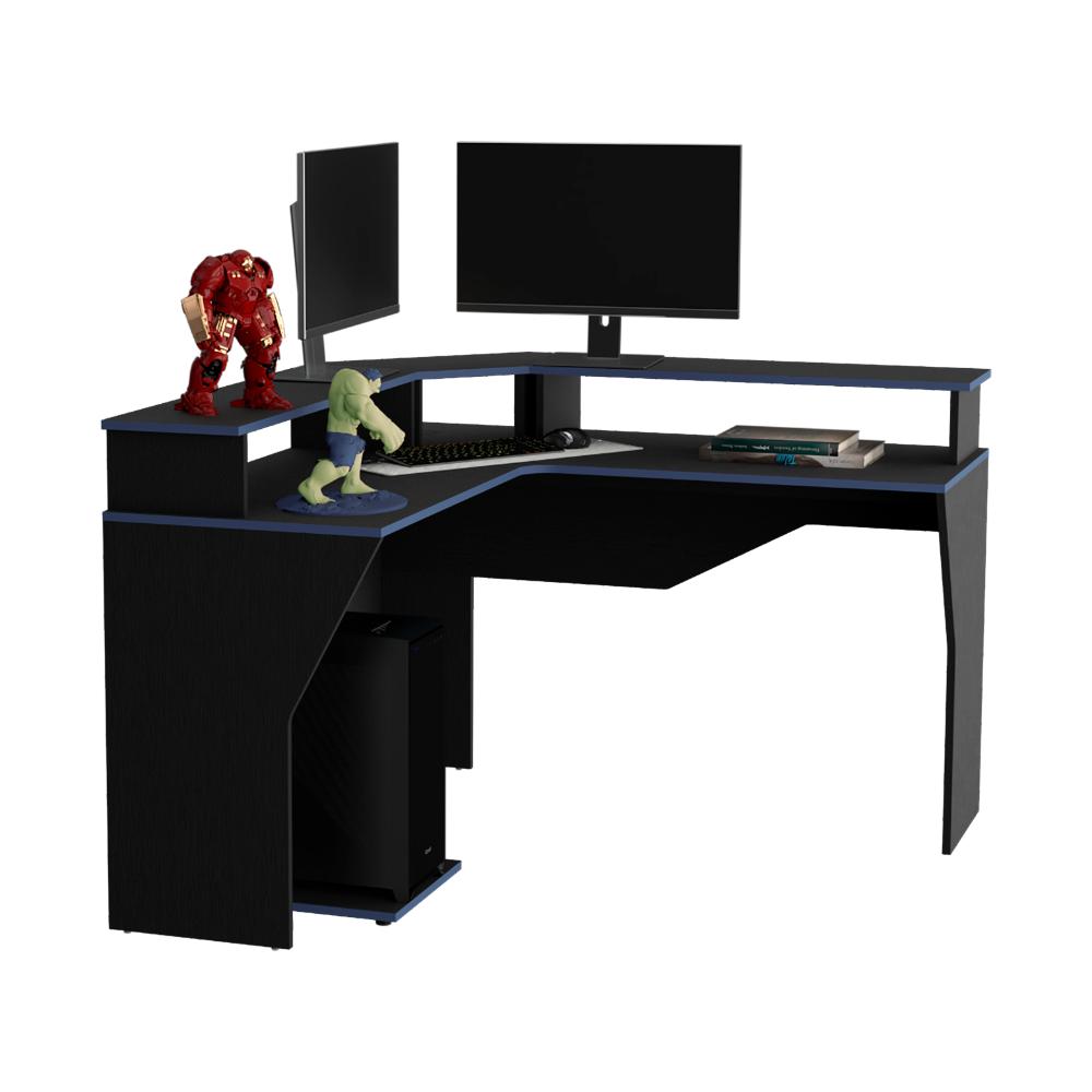 Escritorio Gamer Invictor, Wengue y Azul, con Espacio Adicional para Pantallas (vista 3)