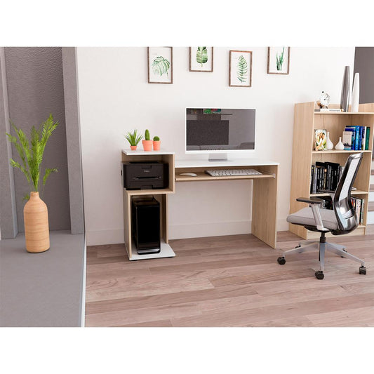 Escritorio Atlanter, Rovere y Blanco, con Bandeja Porta Teclado Deslizable y Espacio Para Artículos de Estudio