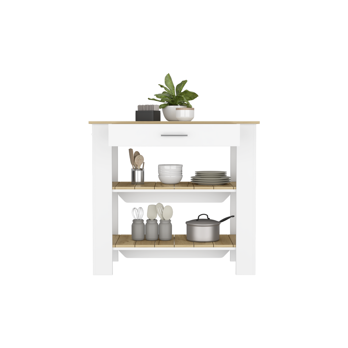 Mesa De Cocina Ccala, Blanco y Macadamia, con entrepaños para colocar objetos de cocina