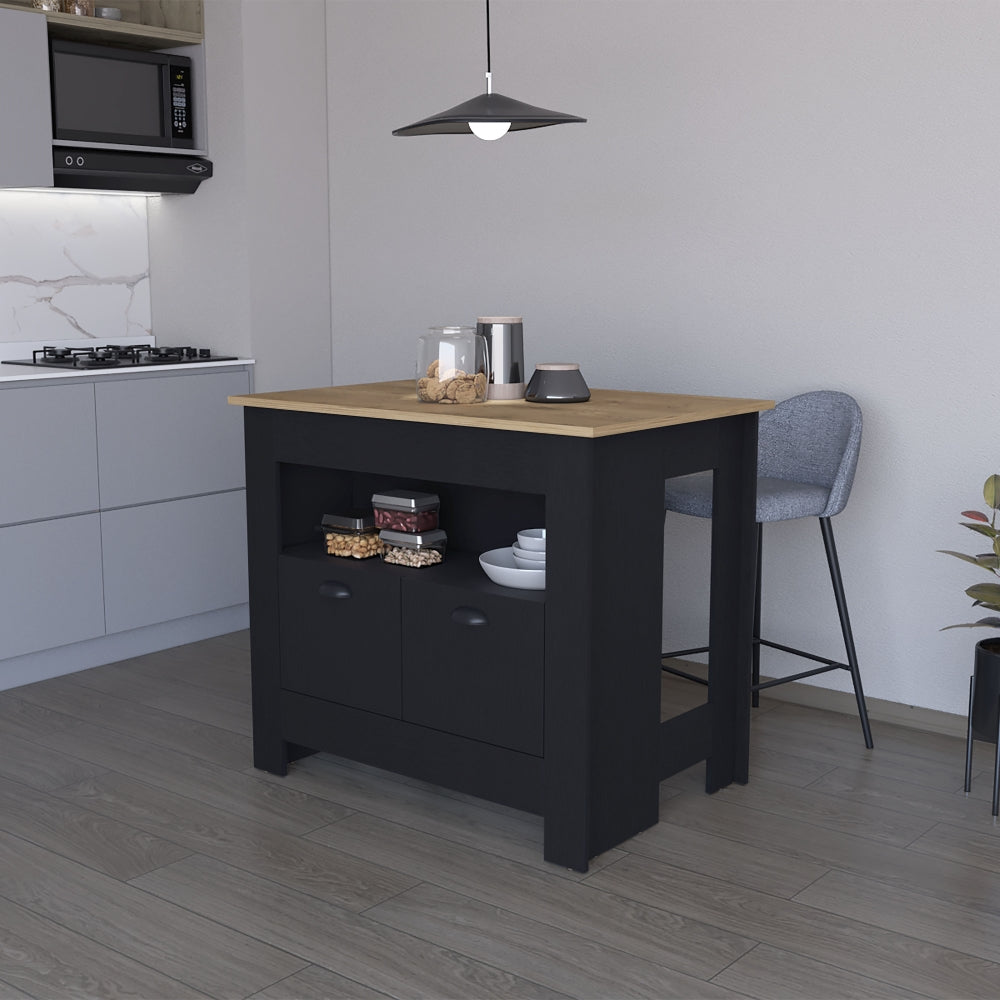 Barra Auxiliar De Cocina Arlet, Wengue y Macadamia, con entrepaños para colocar objetos de cocina (vista 2)