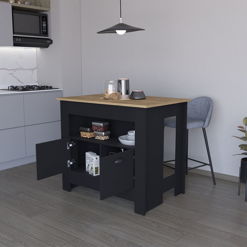 Barra Auxiliar De Cocina Arlet, Wengue y Macadamia, con entrepaños para colocar objetos de cocina (vista 3)