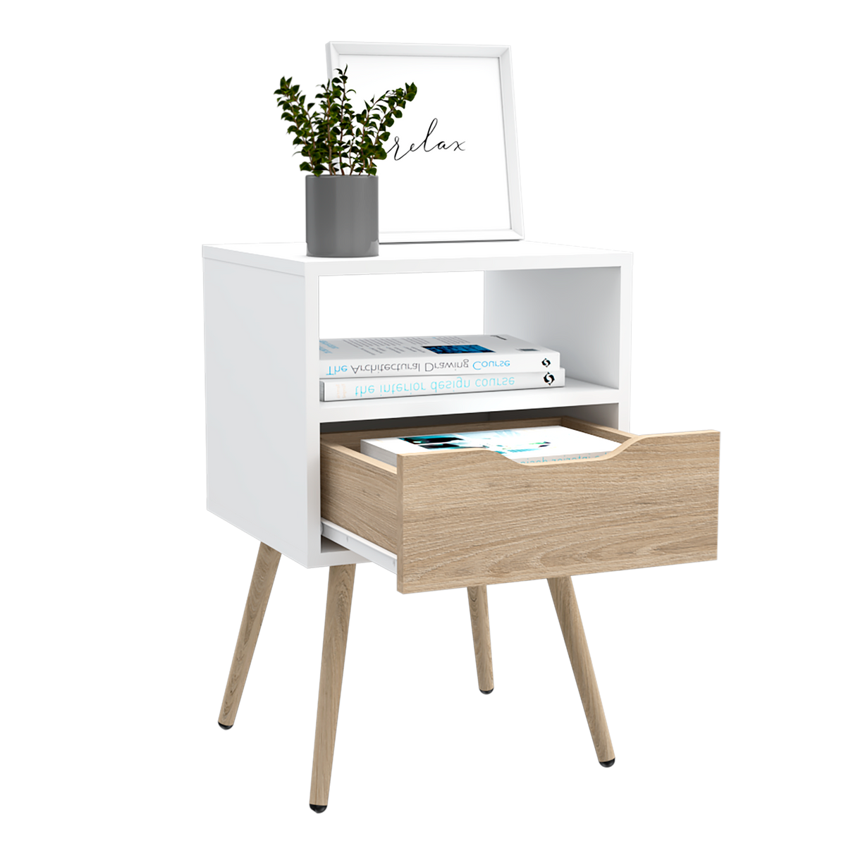 Velador Alesio, Blanco y Rovere, con Patas cortas en Madera y un Cajón (vista 4)