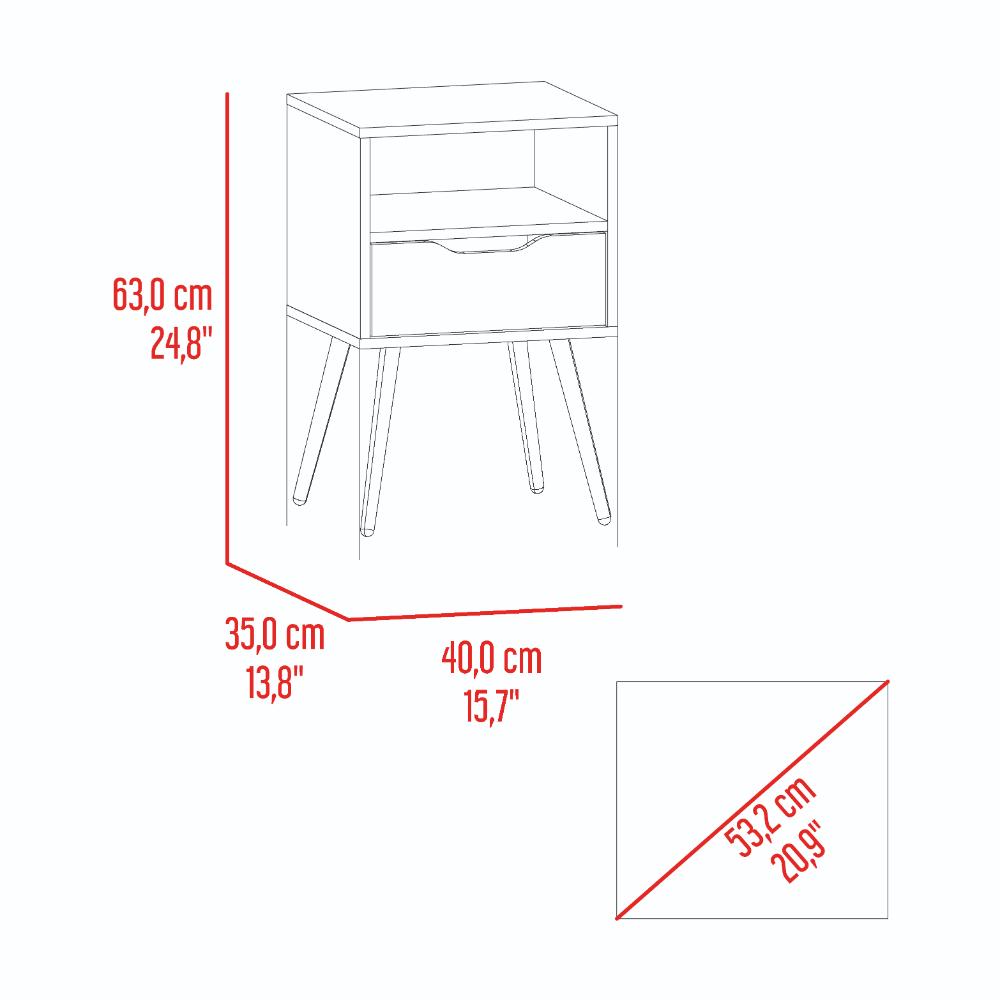 Mesa de Noche Alesio, Fresno Europeo y Blanco Kronos Azul, con Patas en Madera y un Cajón (vista 8)