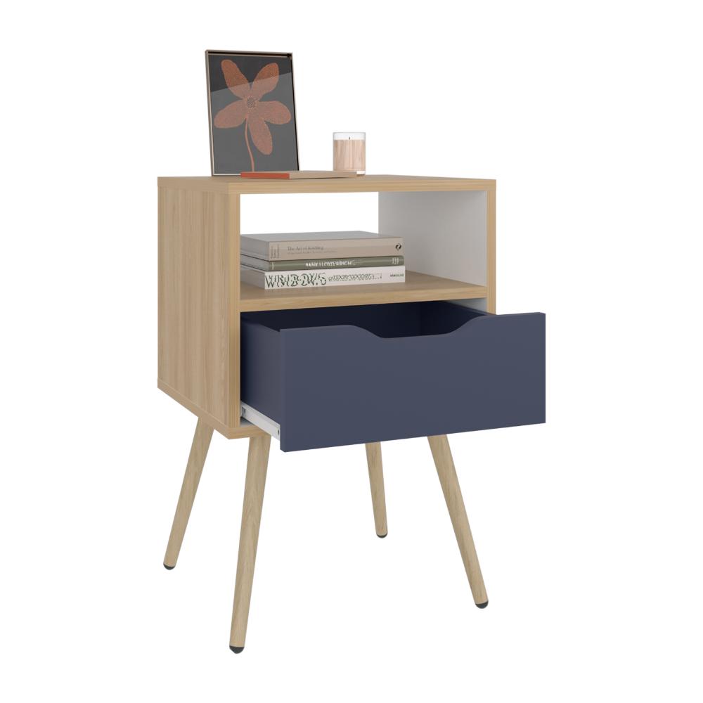 Mesa de Noche Alesio, Fresno Europeo y Blanco Kronos Azul, con Patas en Madera y un Cajón (vista 3)