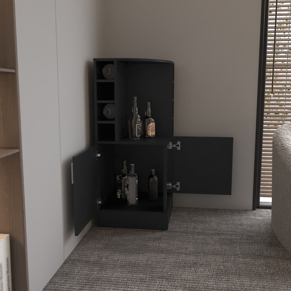 Bar Bajo Esquinero Jakes, Wengue, Con Espacio Para Organizar Botellas De Vino (vista 3)