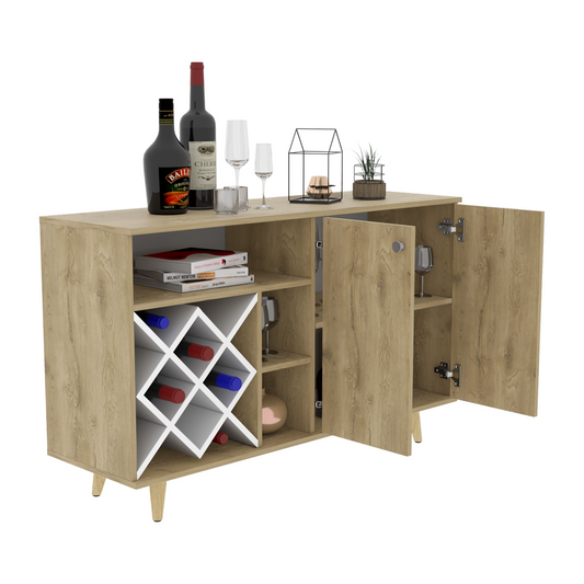 Mueble Bar Vihti, Macadamia y Blanco Marquez, con varios entrepaños