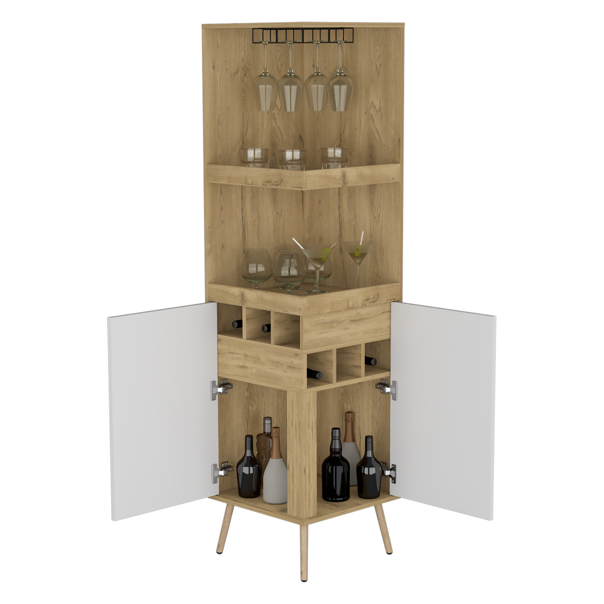 Bar Esquinero Huna, Macadamia y Blanco, con amplio espacio para botellas y portacopas (vista 2)